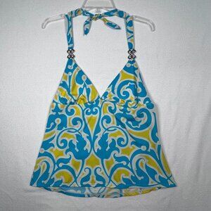 Jantzen Women's Size 14 Halter Swim Tankini Top Metal Accent Blue Yellow Floral